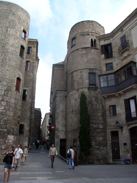 a surviving tower, with building extending into it